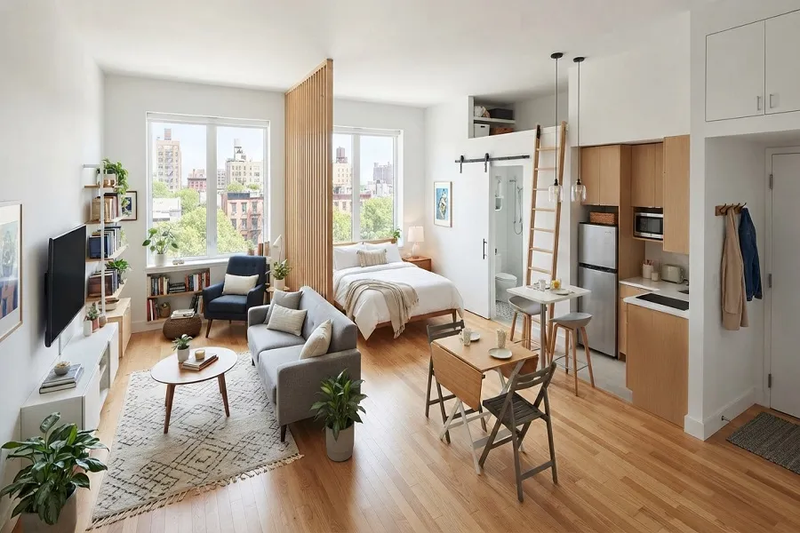 400 sq ft studio apartment layout with compact furniture
